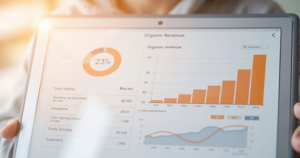 Analytics dashboard showing e-commerce SEO revenue metrics with product grid overlay